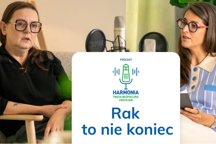Zdjęcie prowadzącej podcast "Harmonia, twoja bezpieczna przestrzeń" Ewy Niewoli i gościni odcinka "Rak to nie koniec" Agnieszki Skwarczyńskiej-Szlasy