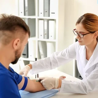 Pielęgniarka pobiera krew mężczyźnie