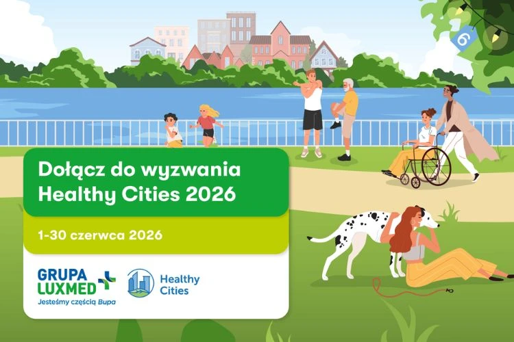 Infografika z napisem: Dołącz do wyzwania Healthy Cities 2026, 1-30 czerwca 2026