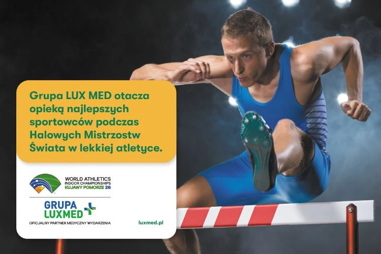 Zdjęcie biegacza skaczącego przez płotek z napisem "Grupa LUX MED Oficjalnym Partnerem Medycznym Halowych Mistrzostw Świata w Lekkiej Atletyce Kujawy Pomorze 26".