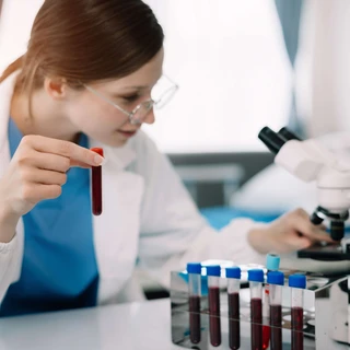 Laborantka bada fiolkę krwi