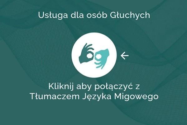 Ikona Usługa dla Głuchych i napis kliknij aby się połączyć 