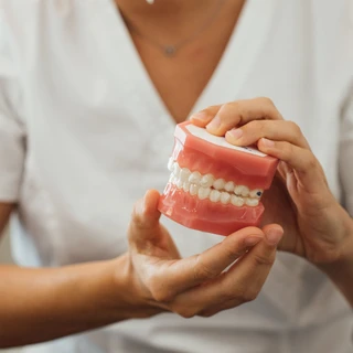 Protetyk trzymający model protezy zębowej